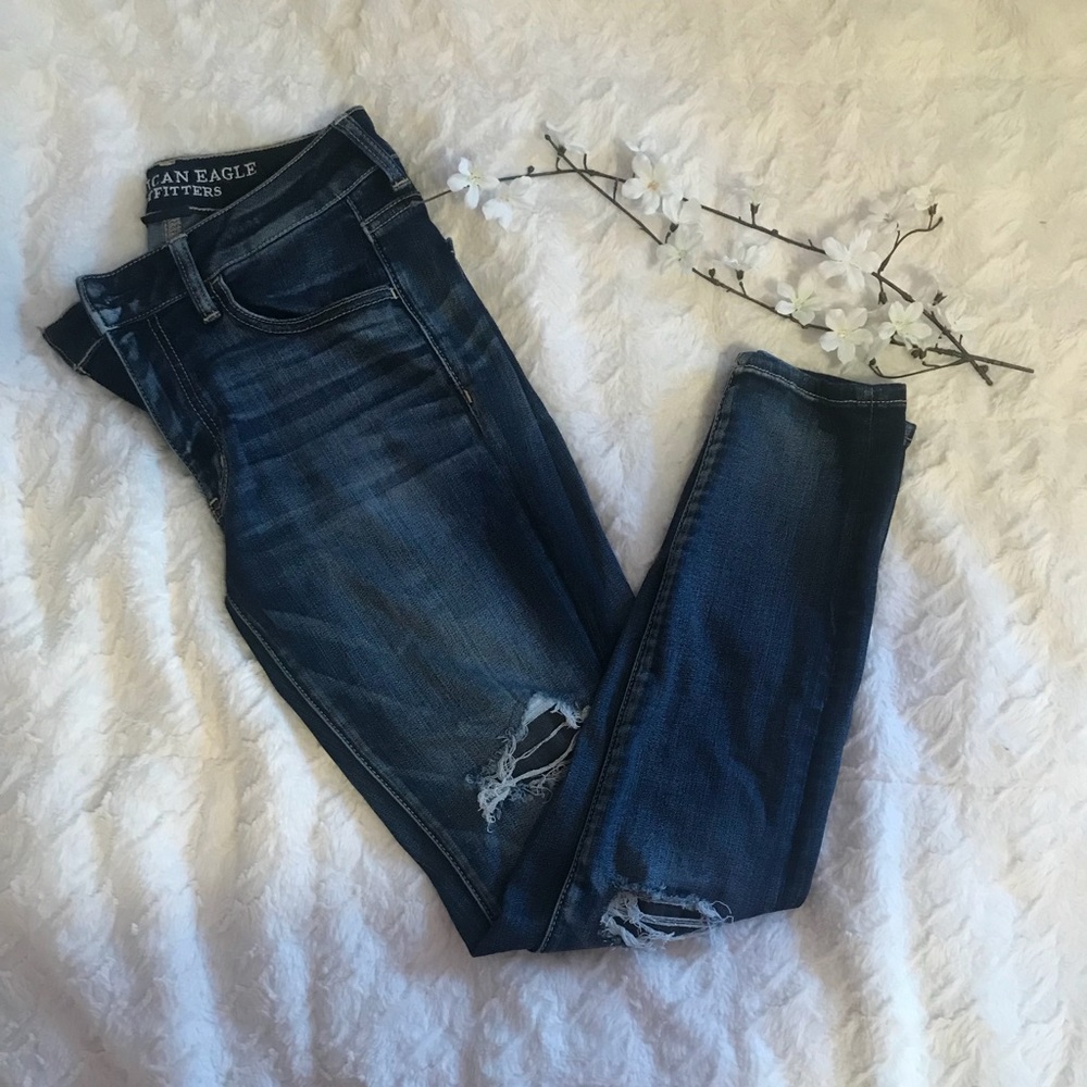 AEO X DENIM Super Stretch Dark Ripped Jeans💙